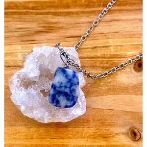 Lapis Lazuli Blue & White Crystal Gemstone Pendant Silver Chain Necklace -New